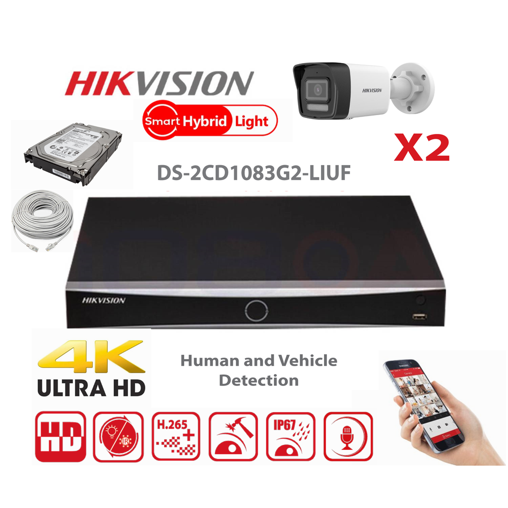 HIKVISION Camera Kit Smart Hybrid G2 Series 2x IP Camera Bullet 8MP NVR 8xChannel Hard Disk